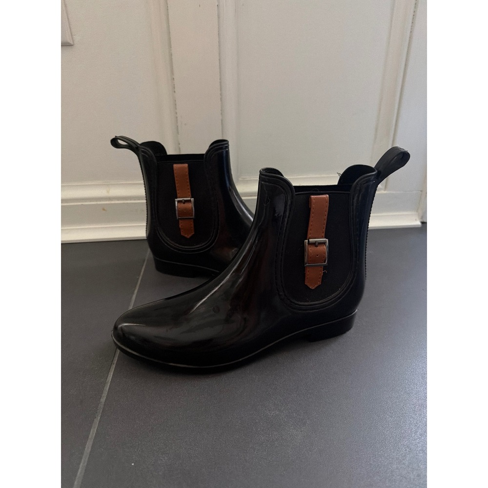 Henry Ferrera Womens Black Glossy Buckle Strap Ankle Rain Boots Size 8